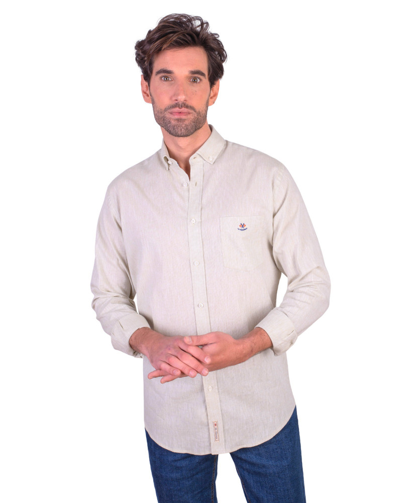 Camisa algodón-lino rayas con cuello botón | Camisería La Española