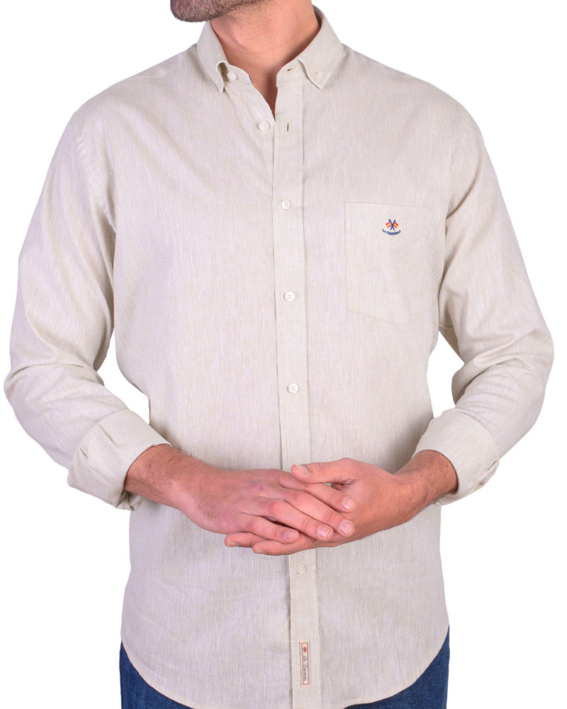 Camisa algodón-lino rayas con cuello botón | Camisería La Española