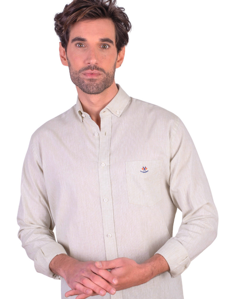 Camisa algodón-lino rayas con cuello botón | Camisería La Española