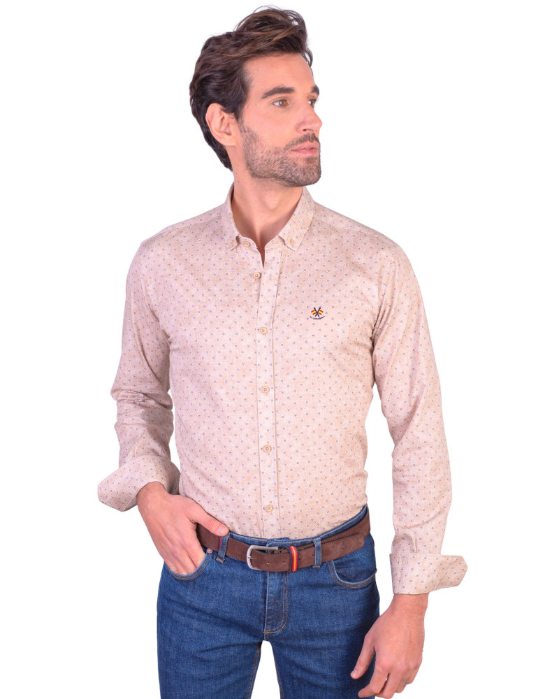 Camisa algodón-lino rayas con cuello botón | Camisería La Española