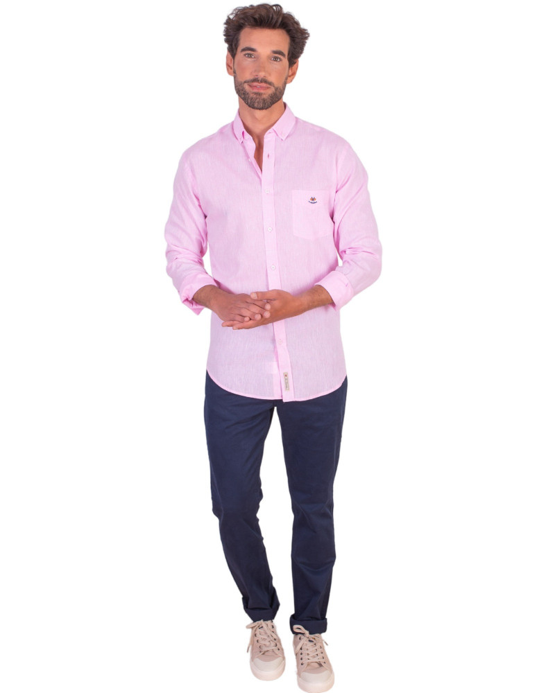 Camisa algodón-lino rayas con cuello botón | Camisería La Española