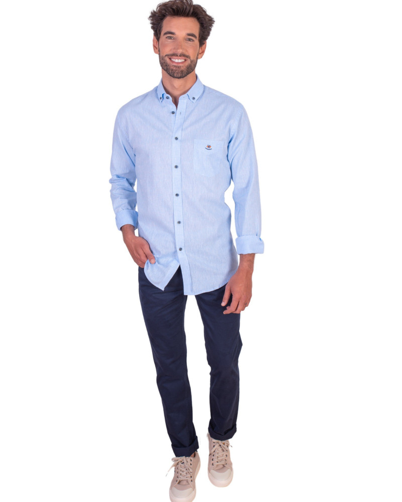 Camisa algodón-lino rayas con cuello botón | Camisería La Española