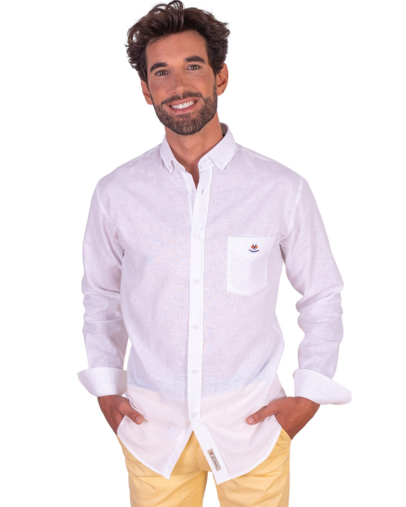 Camisa algodón-lino rayas con cuello botón | Camisería La Española