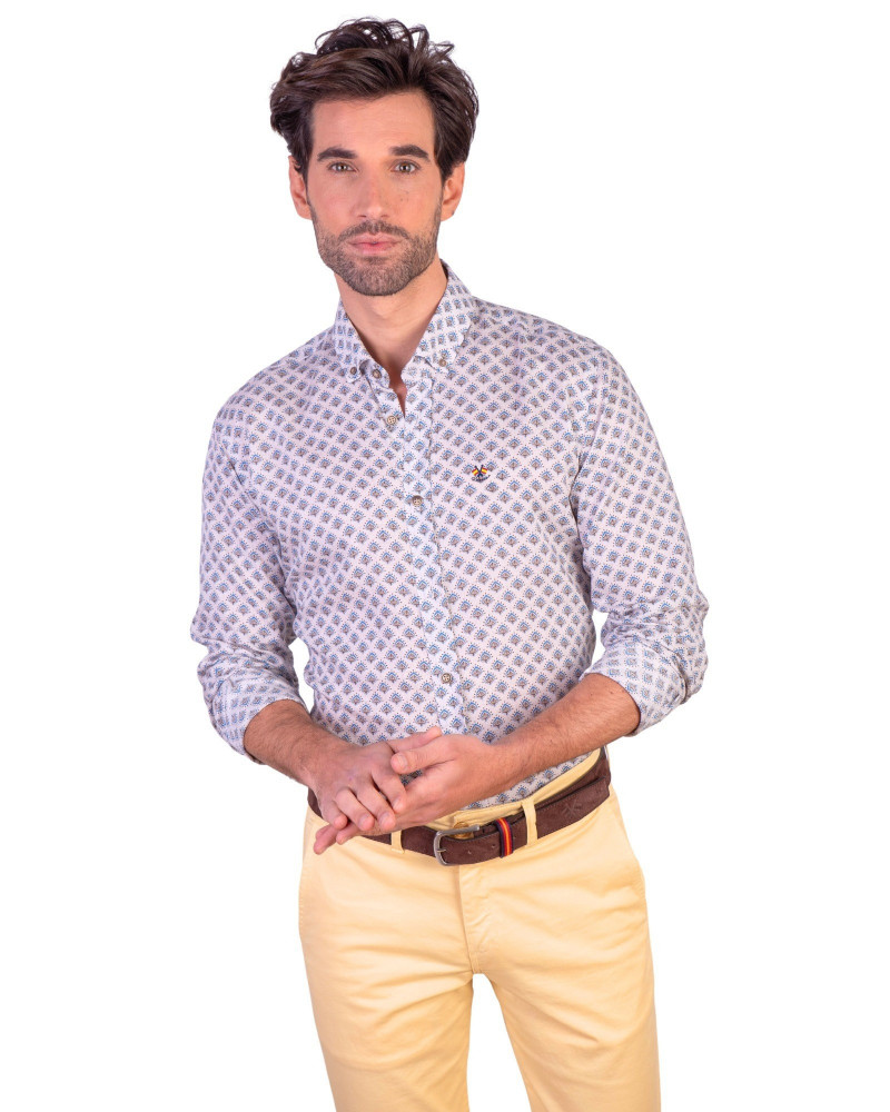 Camisa algodón-lino rayas con cuello botón | Camisería La Española