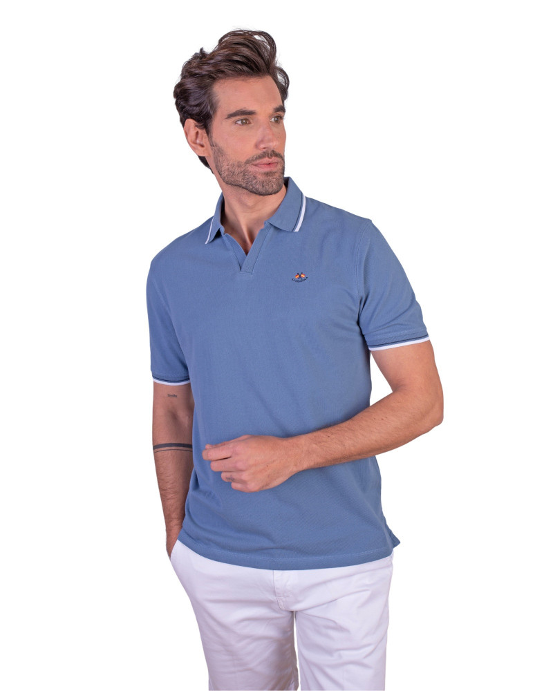 Polo manga corta algodón liso granito y cuello en V | La Española