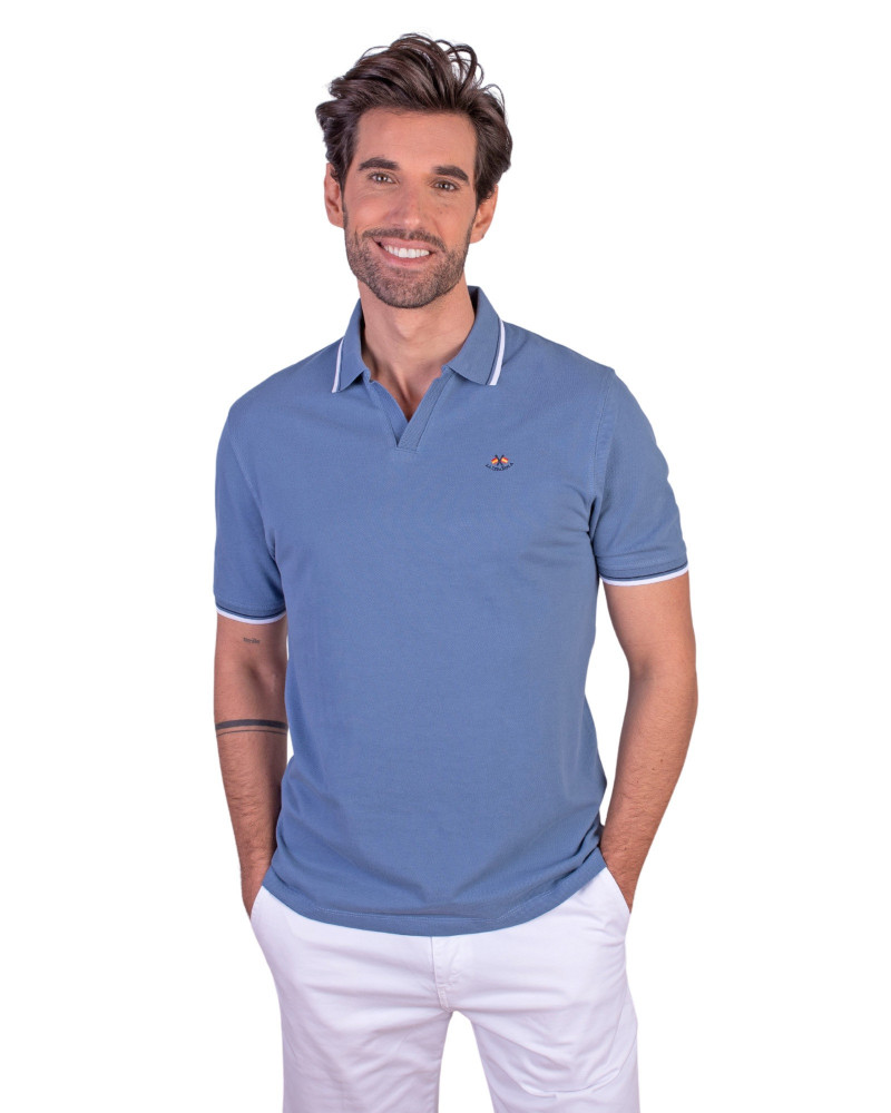 Polo manga corta algodón liso granito y cuello en V | La Española
