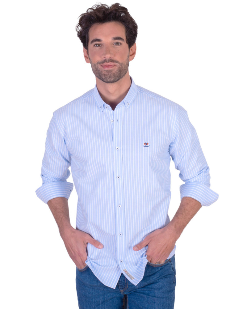 Camisa oxford raya con cuello botón | La Española