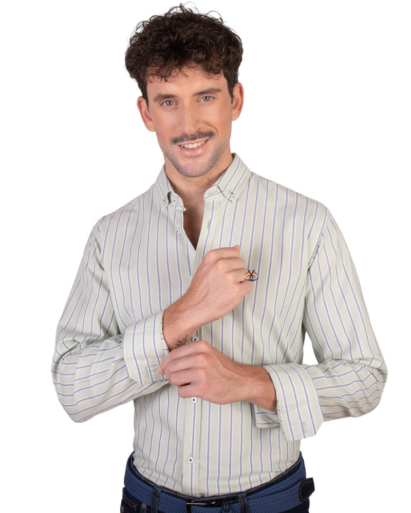 Camisa algodón-lino rayas con cuello botón | Camisería La Española