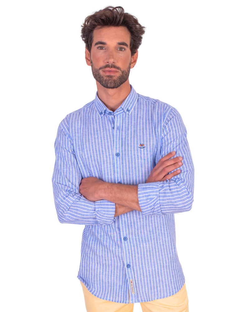 Camisa algodón-lino rayas con cuello botón | Camisería La Española