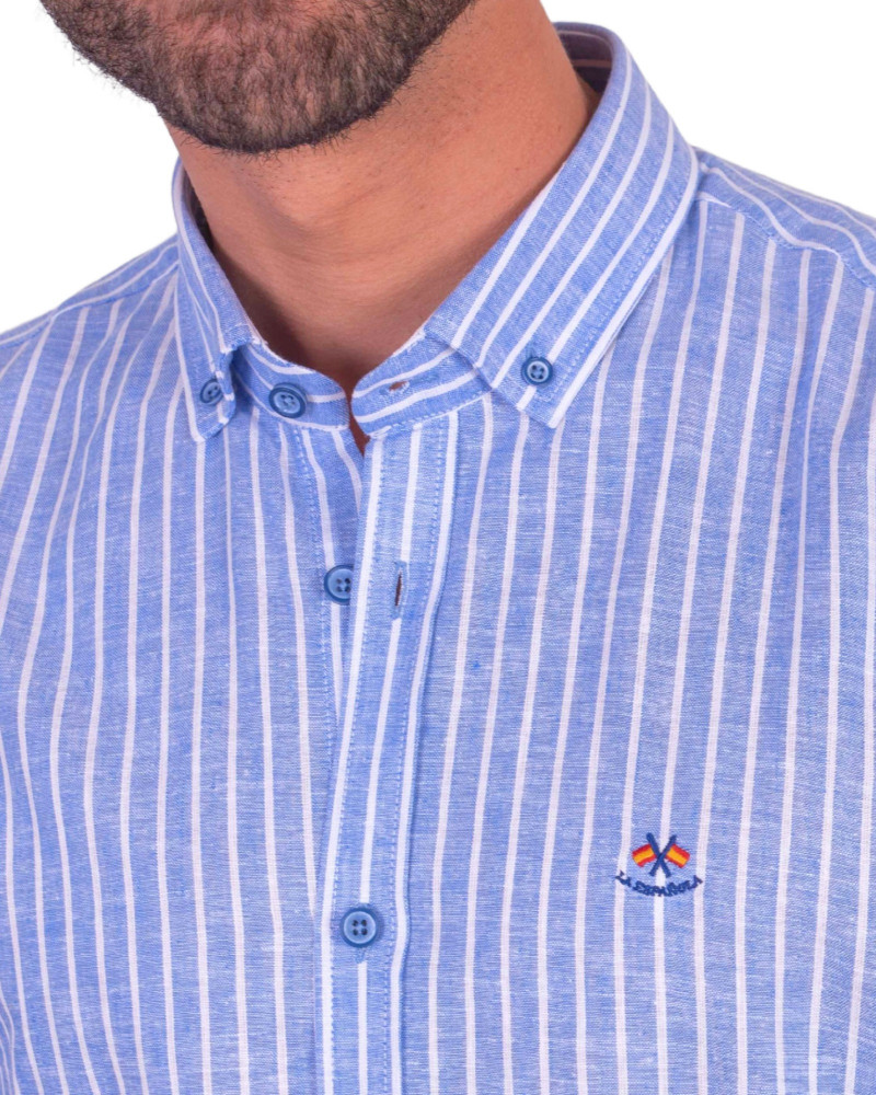 Camisa algodón-lino rayas con cuello botón | Camisería La Española