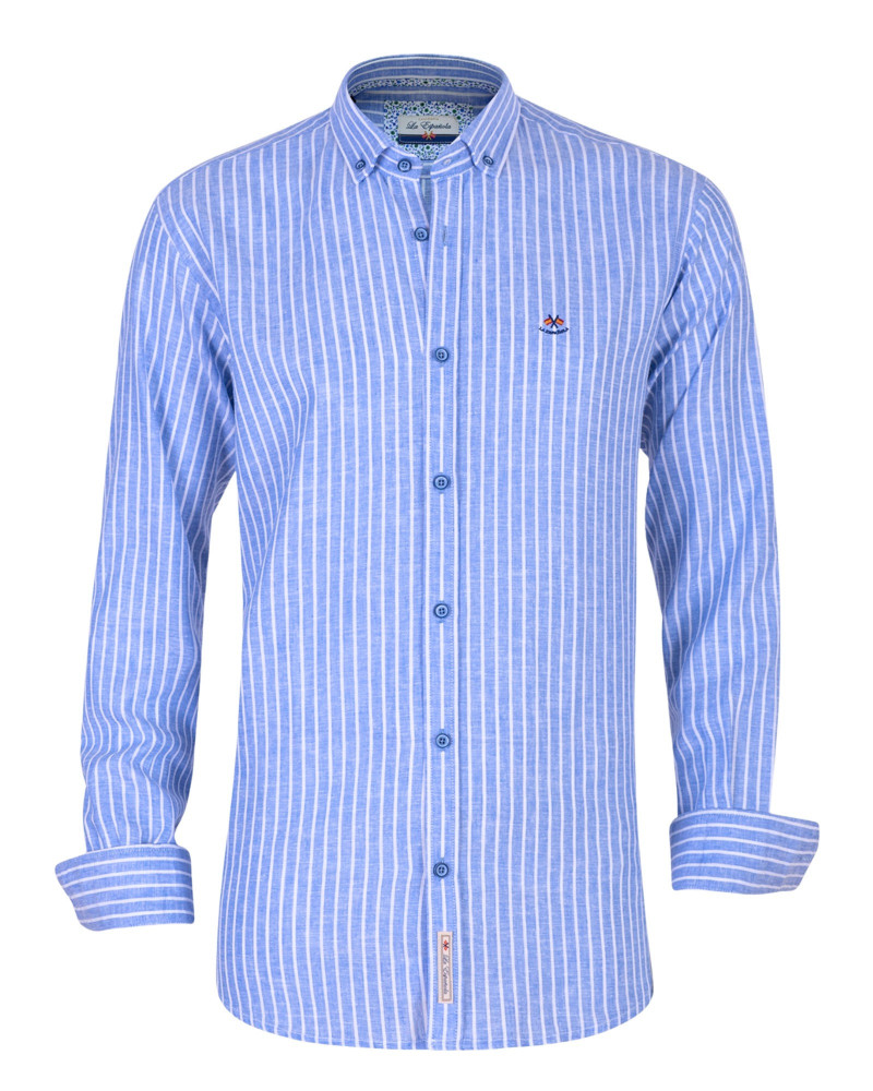 Camisa algodón-lino rayas con cuello botón | Camisería La Española