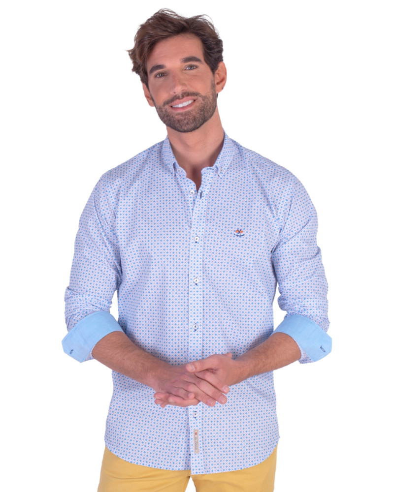 CAMISA ALGODON ESTAMPADA CUELLO BOTON PUÑO COMBINADO