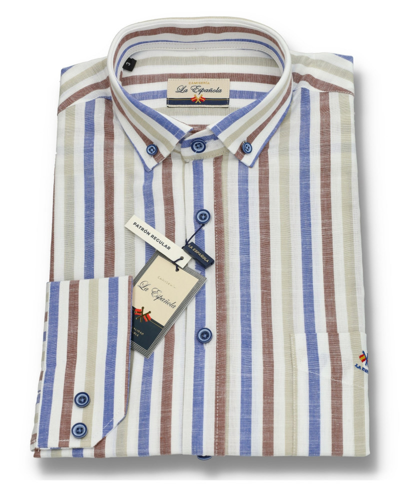 Camisa algodón-lino rayas con cuello botón | Camisería La Española