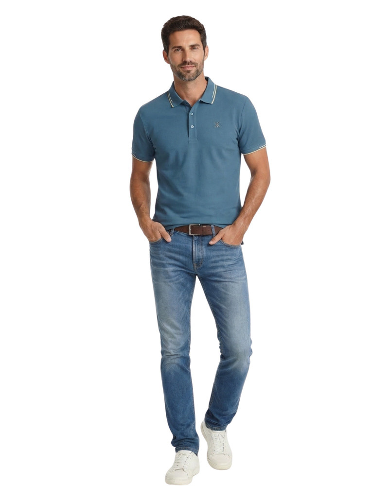 Polo manga corta algodón liso granito y cuello en V | La Española