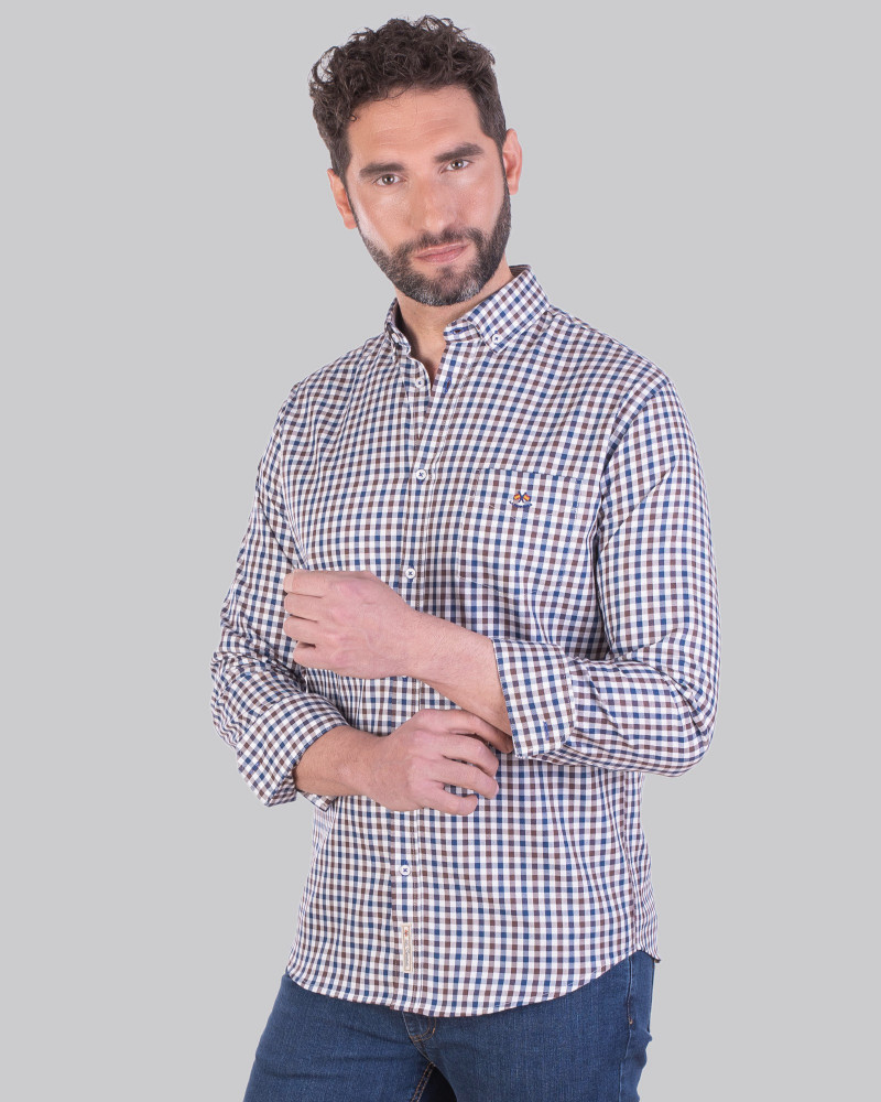 Camisa algodón estampado cuadros y cuello botón para hombre | La Española