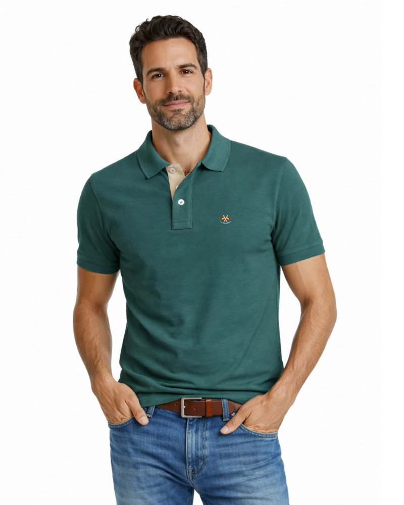 Polo manga corta algodón liso granito y cuello en V | La Española