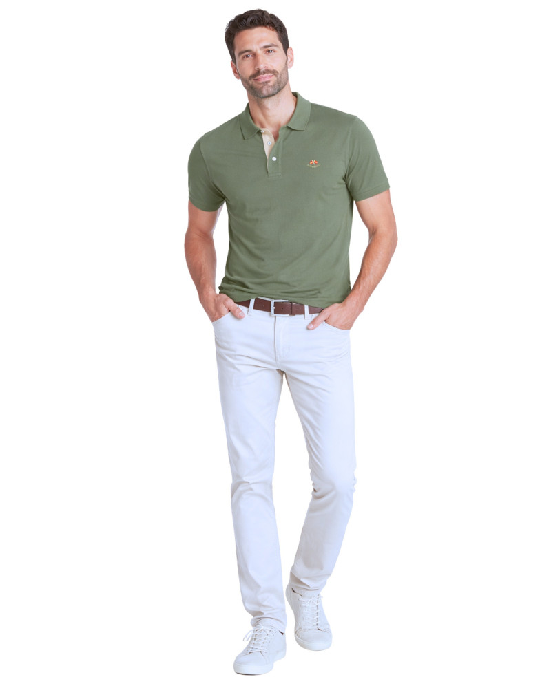 Polo manga corta algodón liso granito y cuello en V | La Española