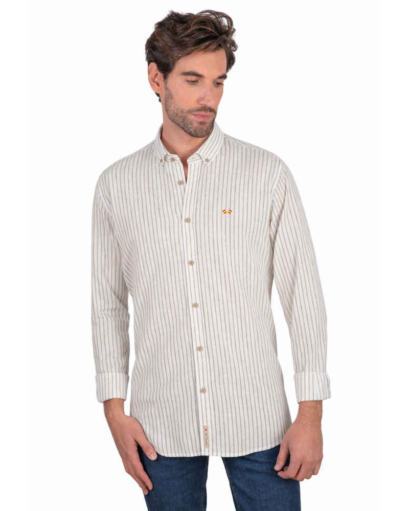 Camisa algodón-lino rayas con cuello botón | Camisería La Española