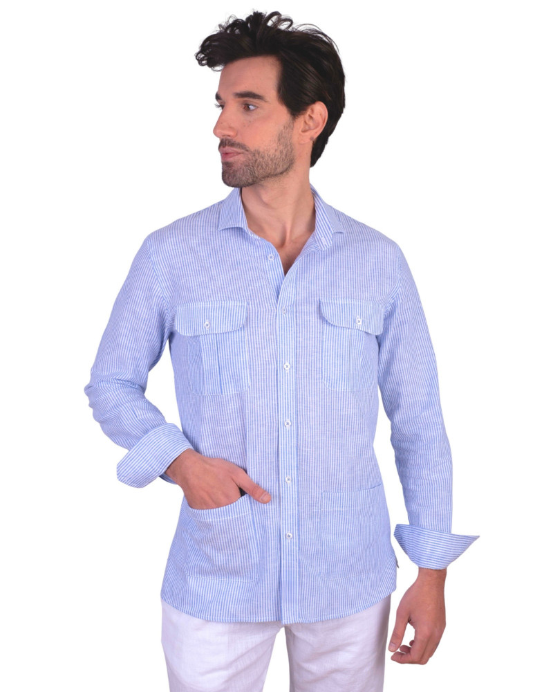 Camisa algodón-lino rayas con cuello botón | Camisería La Española