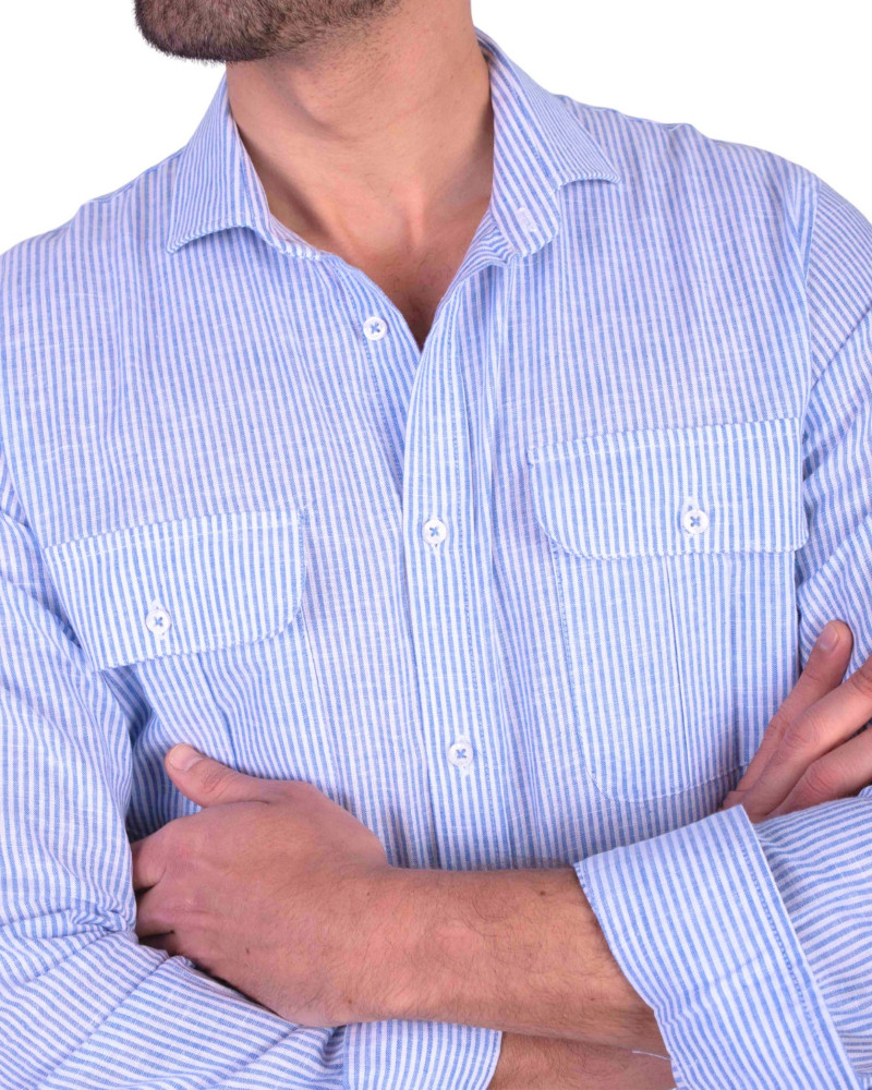 Camisa algodón-lino rayas con cuello botón | Camisería La Española