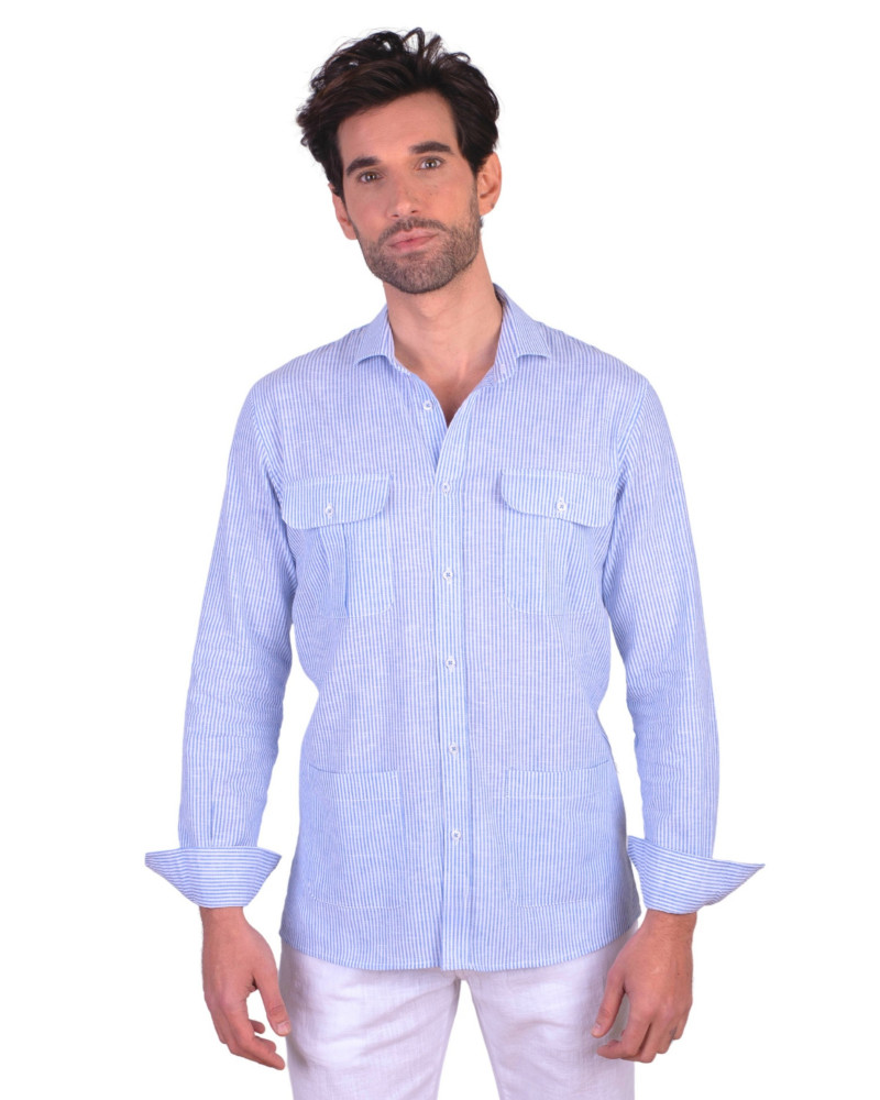 Camisa algodón-lino rayas con cuello botón | Camisería La Española