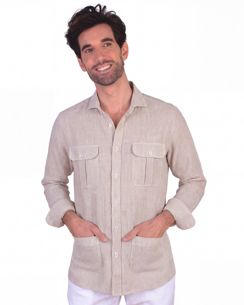 Camisa algodón-lino rayas con cuello botón | Camisería La Española
