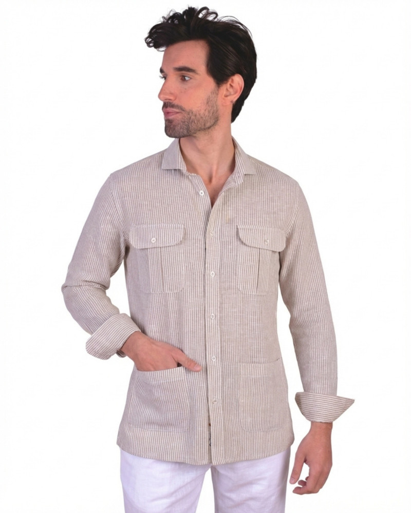 Camisa algodón-lino rayas con cuello botón | Camisería La Española