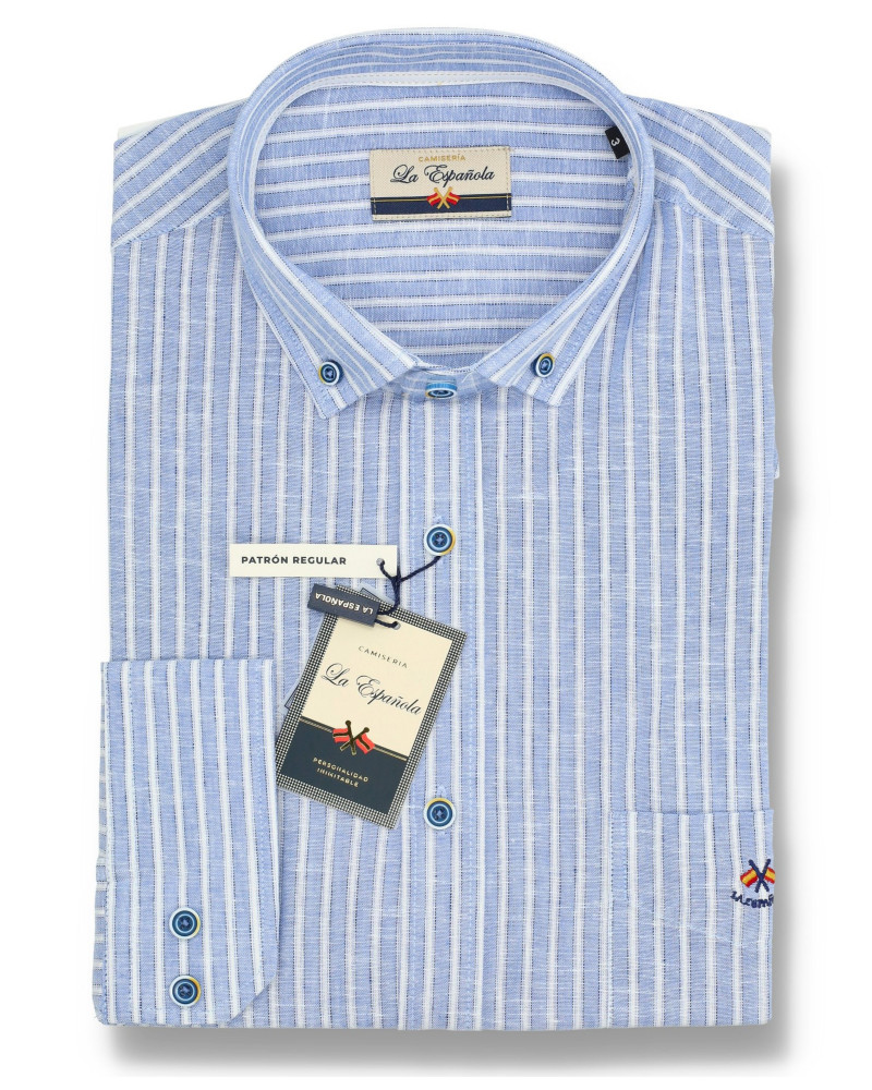 Camisa algodón-lino rayas con cuello botón | Camisería La Española