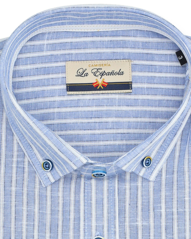 Camisa algodón-lino rayas con cuello botón | Camisería La Española