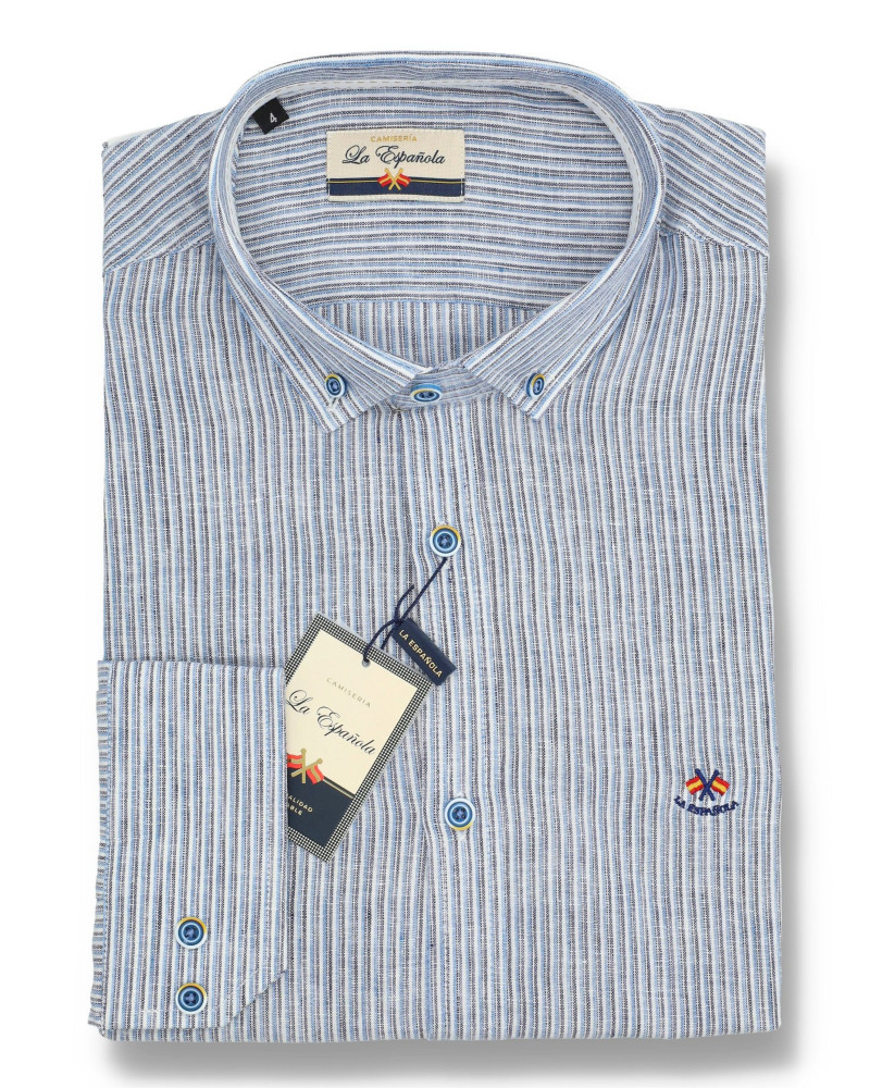 Camisa algodón-lino rayas con cuello botón | Camisería La Española