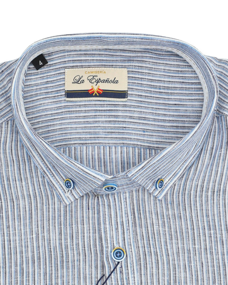 Camisa algodón-lino rayas con cuello botón | Camisería La Española