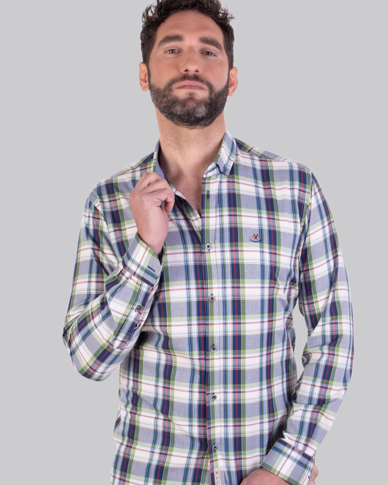 Camisa algodón estampado cuadros y cuello botón para hombre | La Española