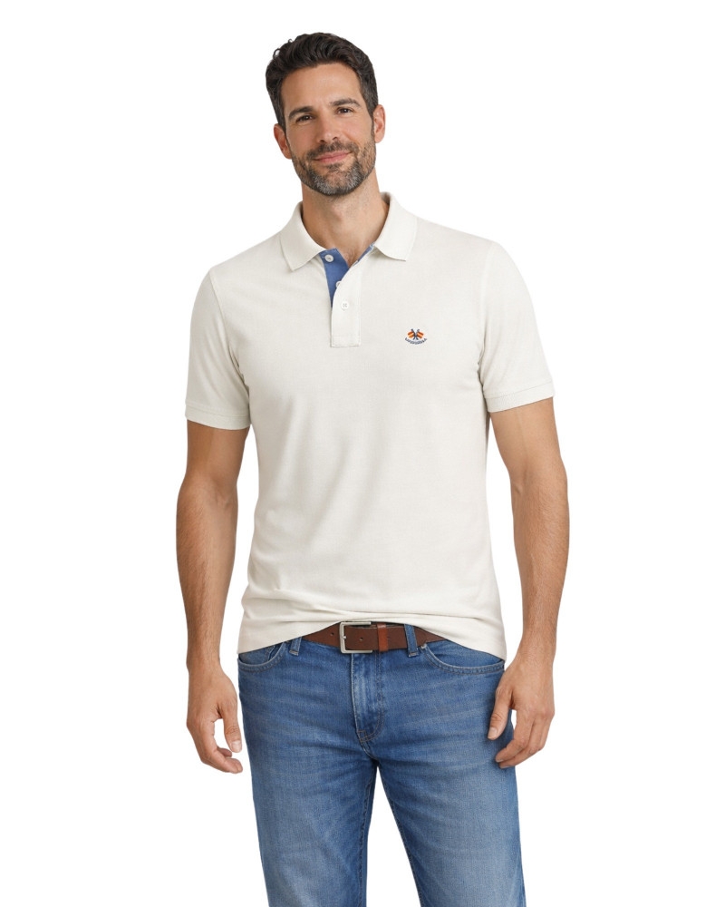 Polo manga corta algodón liso granito y cuello en V | La Española