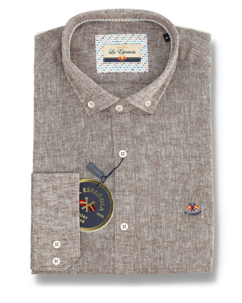 Camisa algodón-lino rayas con cuello botón | Camisería La Española