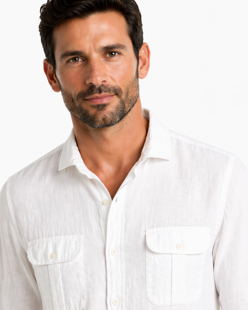 Camisa algodón-lino rayas con cuello botón | Camisería La Española