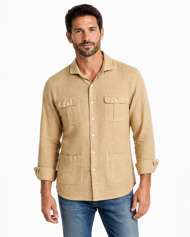 Camisa algodón-lino rayas con cuello botón | Camisería La Española