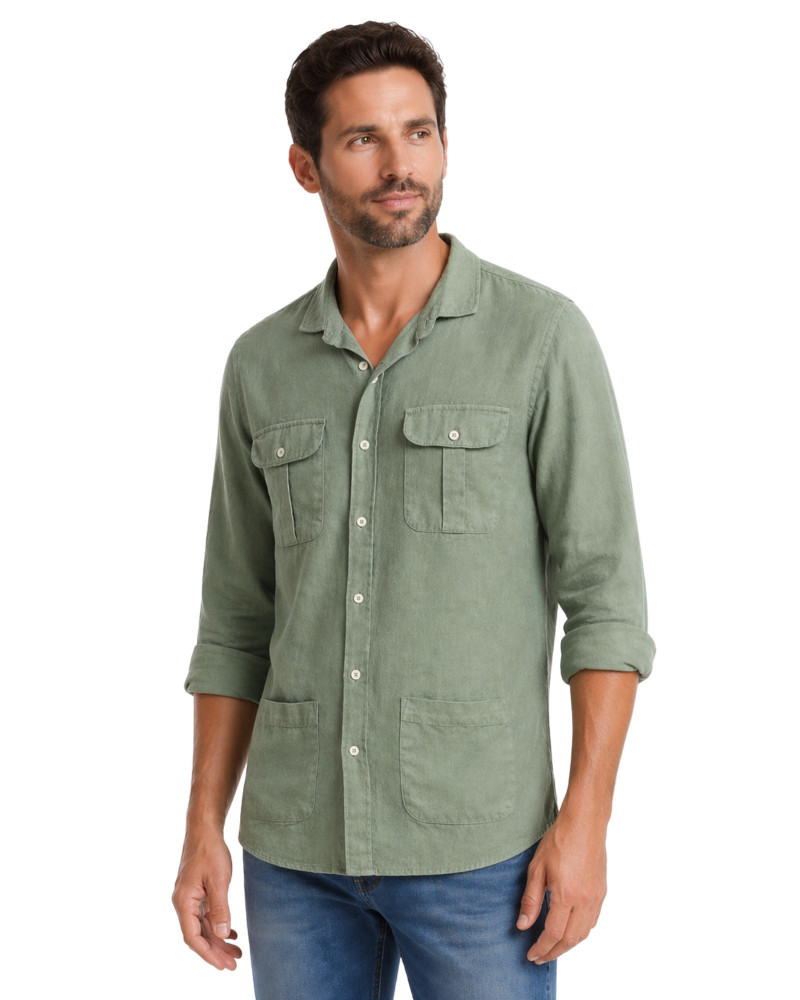 Camisa algodón-lino rayas con cuello botón | Camisería La Española