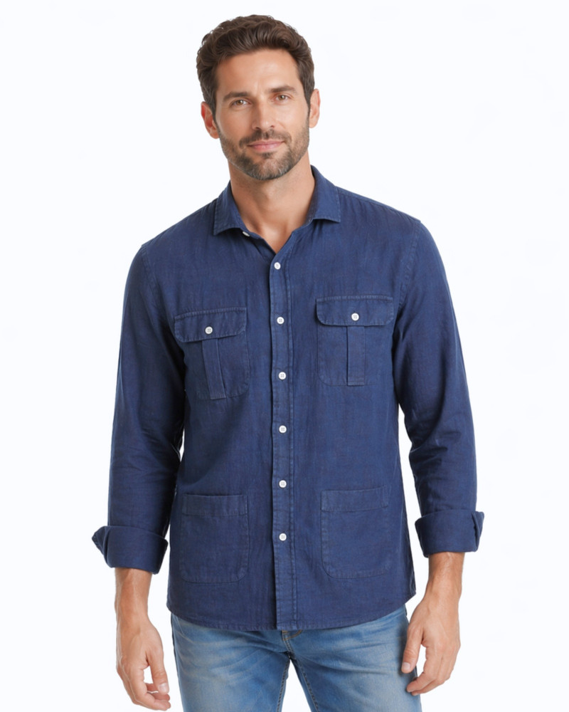 Camisa algodón-lino rayas con cuello botón | Camisería La Española