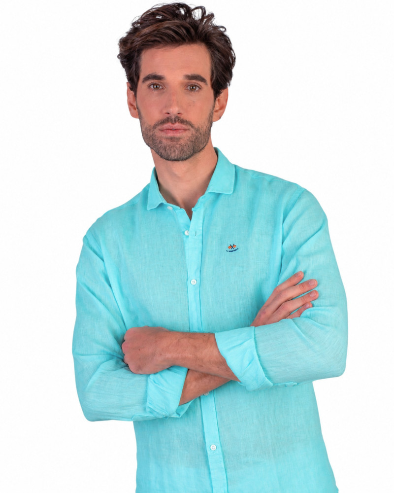 Camisa algodón-lino rayas con cuello botón | Camisería La Española