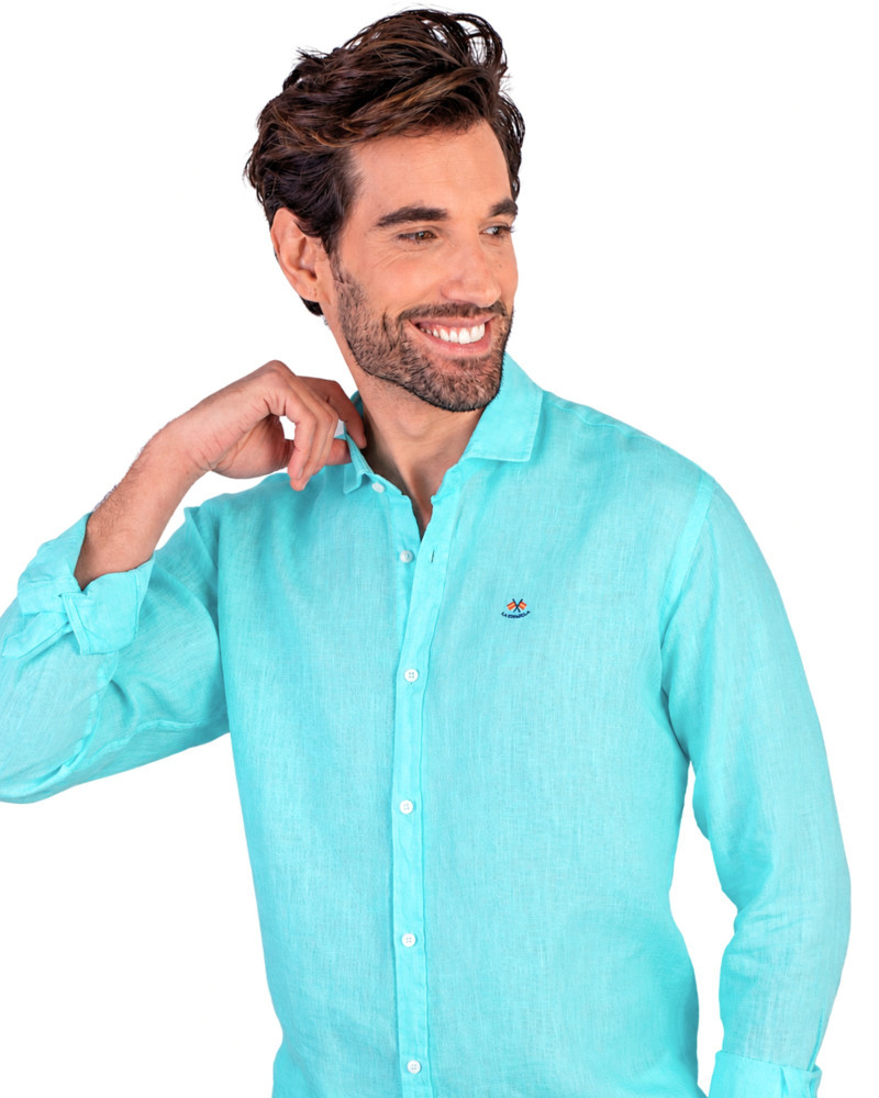 Camisa algodón-lino rayas con cuello botón | Camisería La Española
