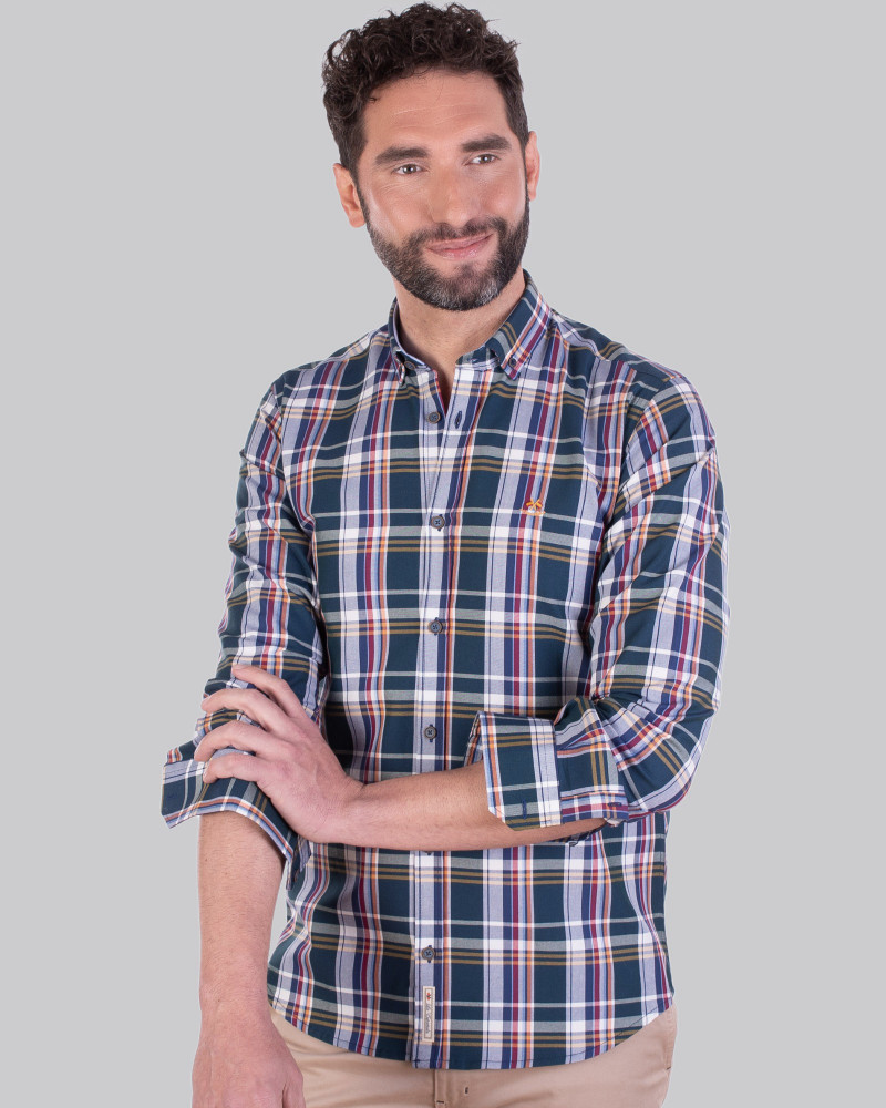 Camisa algodón estampado cuadros y cuello botón para hombre | La Española