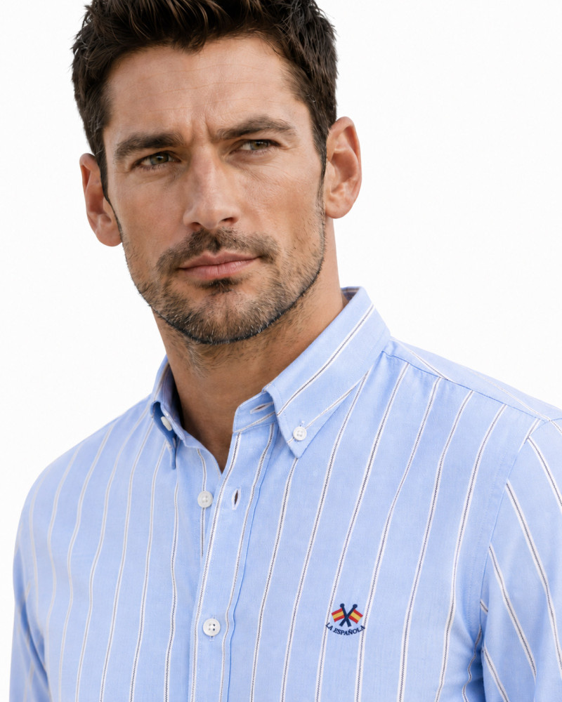 Camisa algodón-lino rayas con cuello botón | Camisería La Española