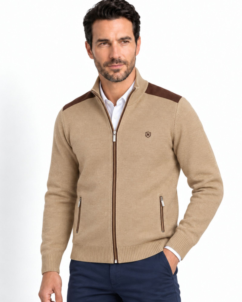 Chaqueta de punto con hombreras de suede camel para hombre | Martin's