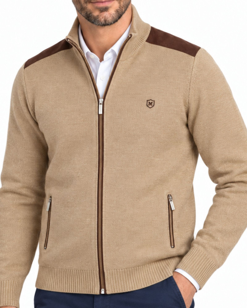 Chaqueta de punto con hombreras de suede camel para hombre | Martin's