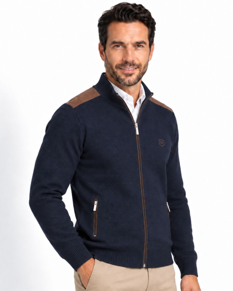 Chaqueta de punto con hombreras de suede azul marino para hombre | Martin's
