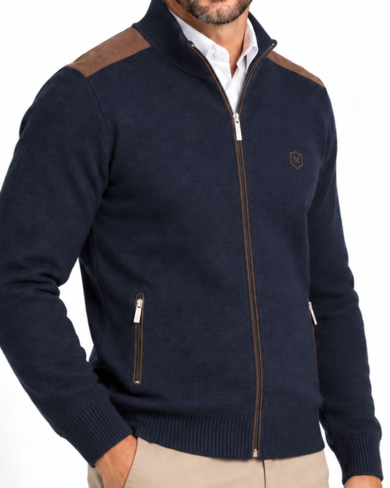 Chaqueta de punto con hombreras de suede azul marino para hombre | Martin's