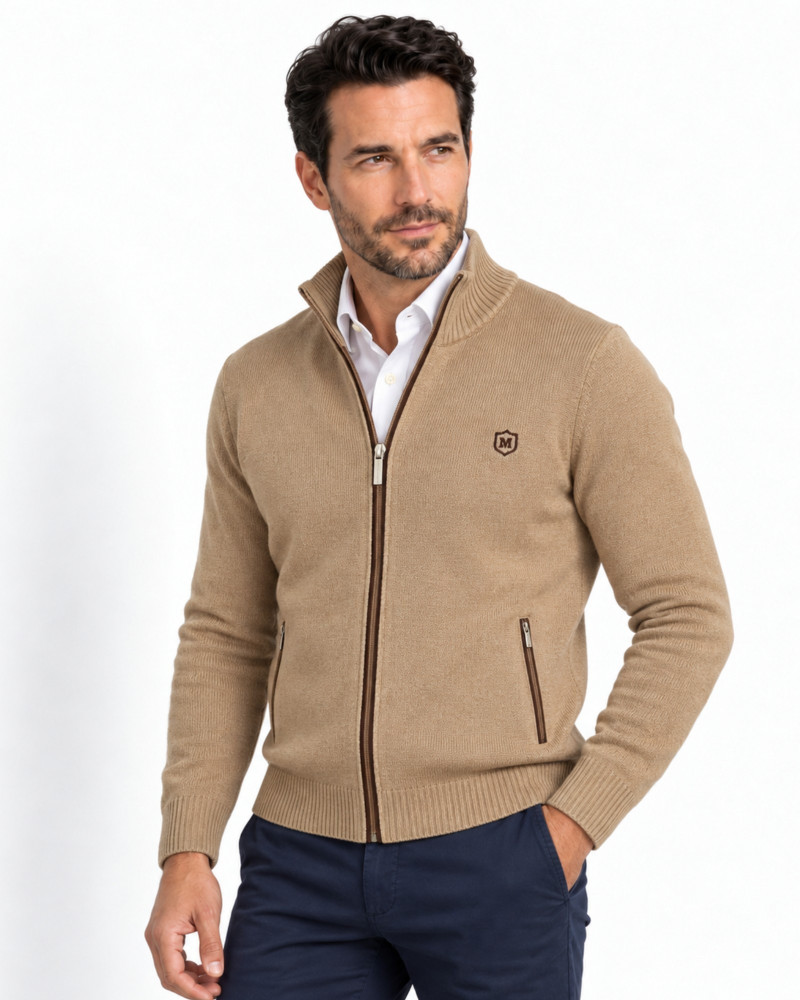 Chaqueta de punto con cremallera y suede camel para hombre | Martin's