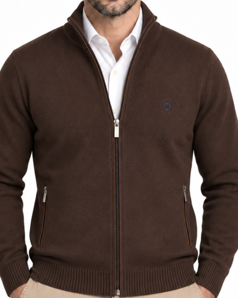 Chaqueta de punto cremallera serie 186 con bolsillos combinado suede color marrón