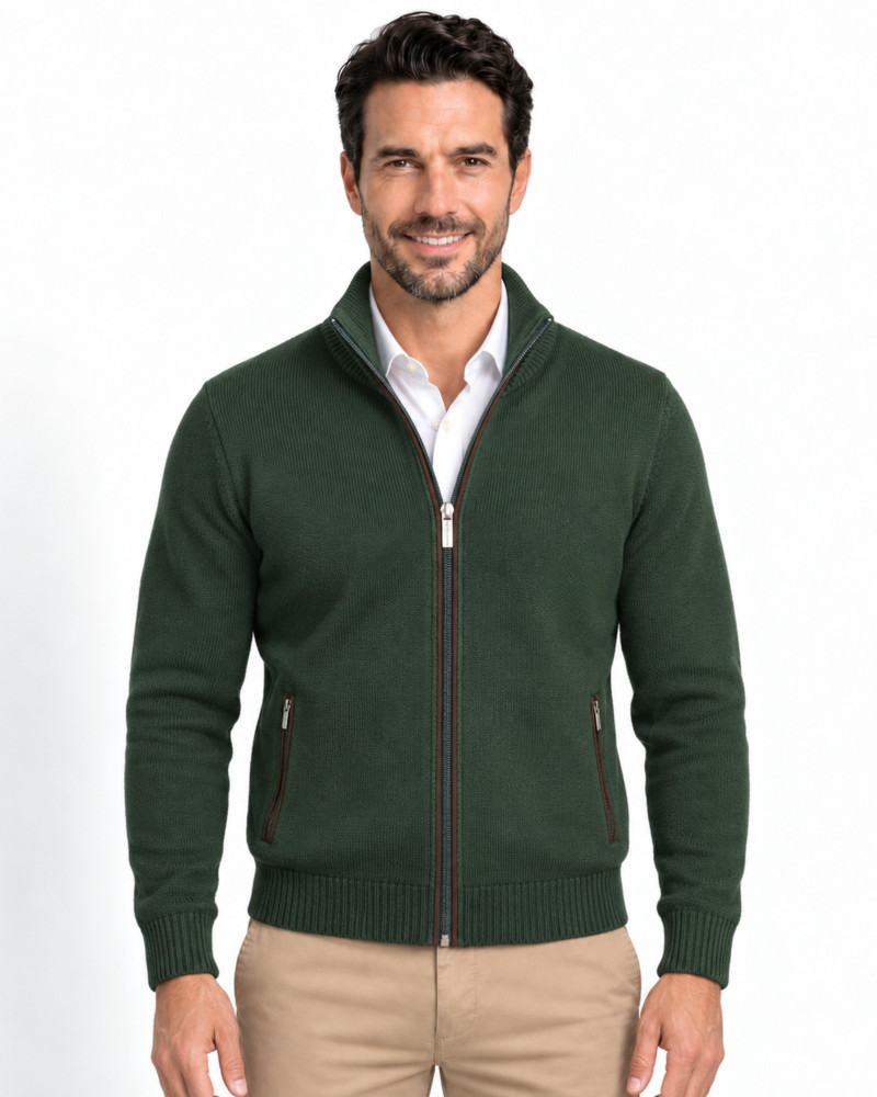 Chaqueta de punto cremallera serie 186 con bolsillos combinado suede color verde