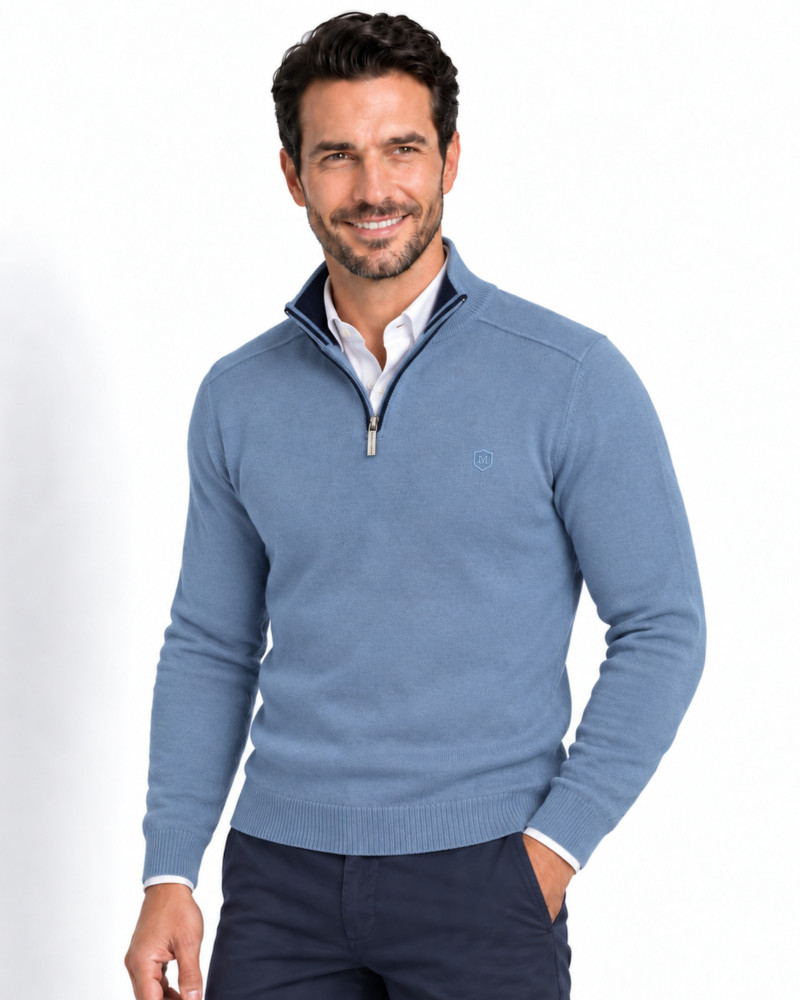 Suéter cuello polo con cremallera azul para hombre | Martin's